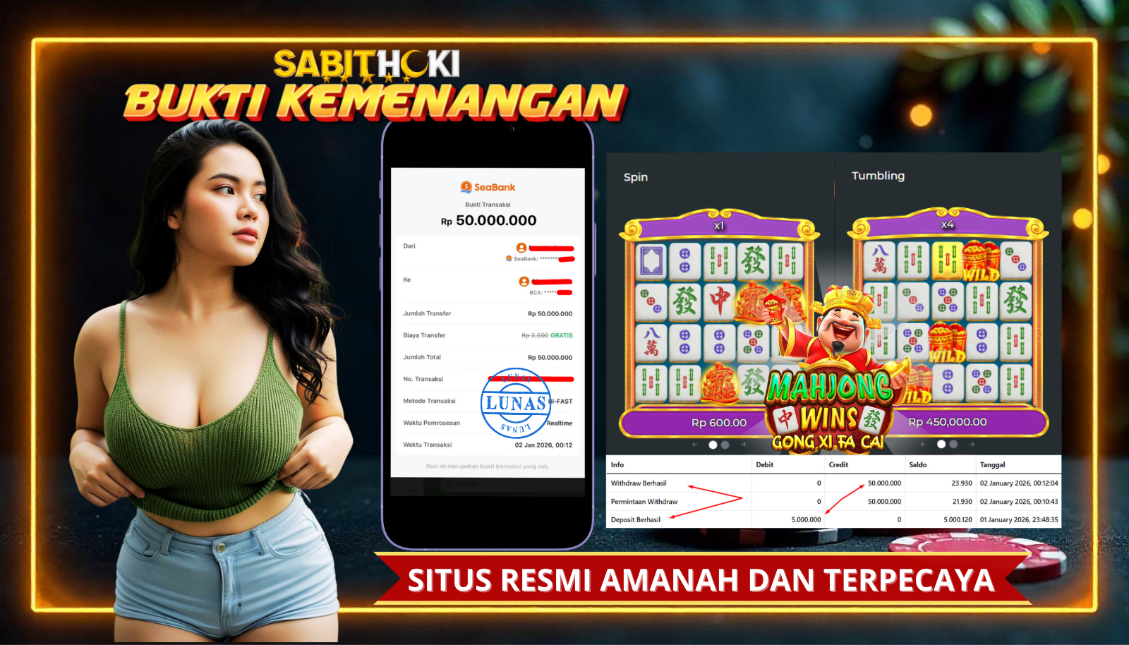 SELAMAT KEPADA MEMBER SETIA SABITHOKI YANG BERHASIL JACKPOT DI PERMAINAN MAHJONG GONG XI FACAI